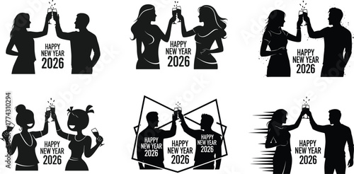 Toast icons, Happy New Year 2026 silhouettes, clinking glasses celebration set, black festive graphics, couple and friend branding visuals