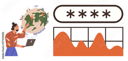 Person using a laptop with globe highlighting locations, analytics chart, and password field. Ideal for global work, data security, analytics, connectivity, online tools, internet usage digital