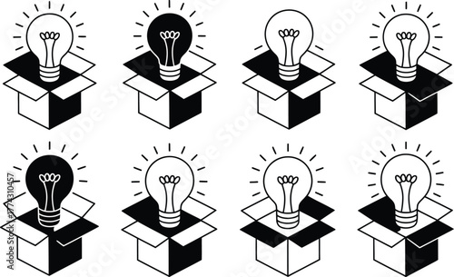 Lightbulb Ideas Emerging from Open Boxes - Set of 8 Icons