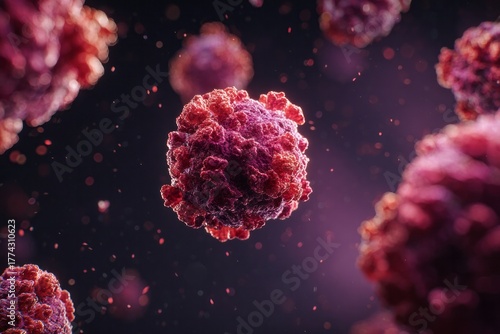 Microscopic view of virus particles in a dark fluid environment.