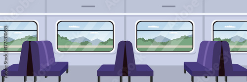 Train Interior with Scenic Window View. Regular Train Seat in Economy Cabin. Public transportation. 