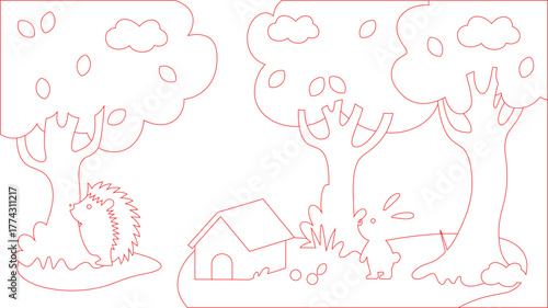 Outline Drawing Hedgehog, Bunny, Dog House, and Trees in a Whimsical Forest