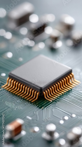 Close up macro photograph of a central processing unit chip with gold pins and intricate circuit board details in a shallow depth of field with soft lighting showcasing technology and electronics