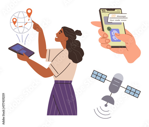 Woman interacting with GPS map on tablet, phone displaying authentication code, and orbiting satellite transmission. Ideal for navigation, technology, security, communication, geolocation