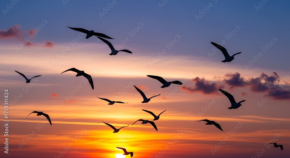 Fototapeta premium birds flying on sunset