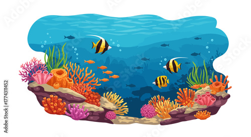 Underwater scene with colorful coral reef, various fish swimming, and bubbles rising towards the surface.