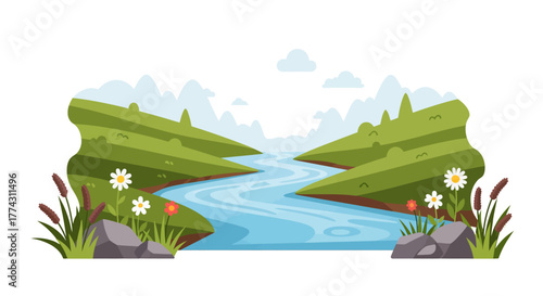 A serene illustration depicts a winding river flowing through green hills and meadows.
