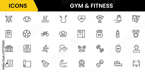 Gym and fitness icon set. It contains healthy lifestyle, weight training, body care, and workout or exercise equipment icons. Vector illustration web line icon collection 