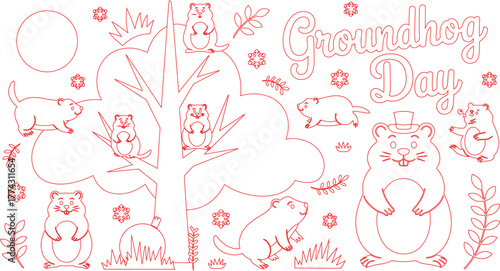 Outlined Groundhog Day Design with Groundhogs, Bare Tree, Sun, Snowflakes, and Festive Groundhog Day Text