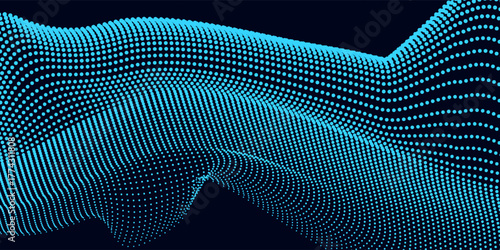 moving digital 3d wave. Futuristic dark background with dynamic blue particles. Modern trendy design in Vector Illustration