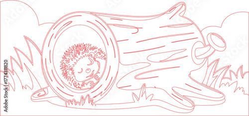 Outlined Hedgehog Hiding Inside Hollow Log with Red Lines, Cartoon Animal Illustration Graphic