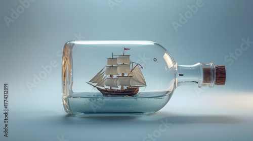 Miniature vintage sailing ship model resting in water inside a corked glass bottle © Anwarul