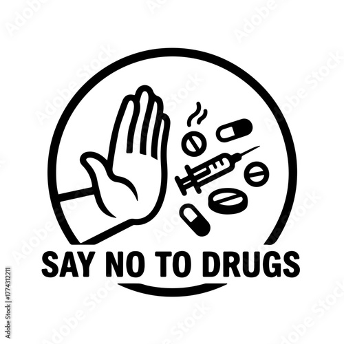 Stop Drug Abuse Icon: Simple black and white illustration of an outstretched hand clearly rejecting a pill/tablet, symbolizing a strong "Say No to Drugs" message. Ideal for awareness and prevention 