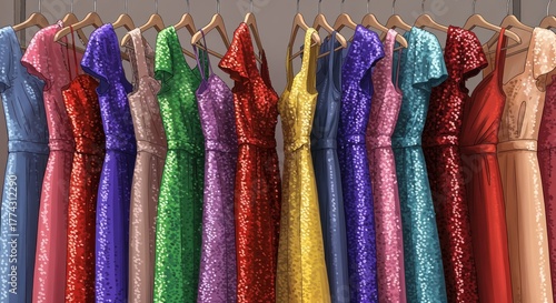 Rainbow of Dresses: A stunning collection of vibrant dresses, each a testament to individuality and elegance, hangs in perfect symmetry.