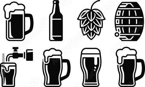Beer Icons: Mugs, Bottles, Hops, Barrel, and Tap