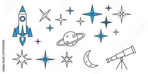 Space Astronomy Elements Rocket Stars Moon Telescope Set with vector illustration
