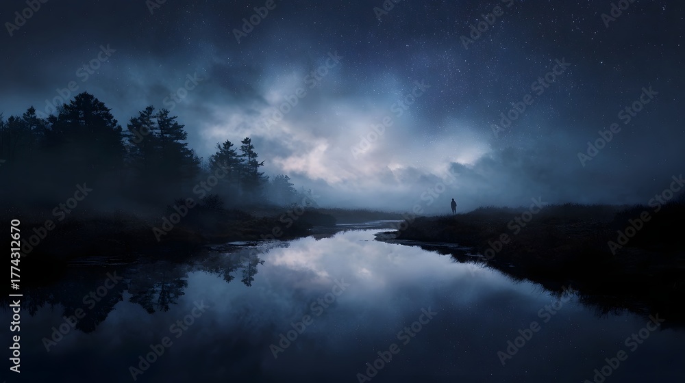 Fototapeta premium A solitary figure silhouetted by a misty reflective river under a vast starry night sky evoking a sense of tranquil wonder