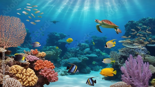 Fototapeta Naklejka Na Ścianę i Meble -  underwater background with coral reef and sea creatures.