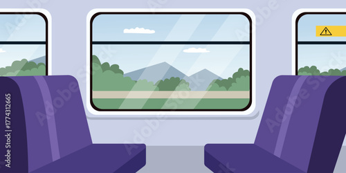 Train interior with scenic mountain view. Train Cabin Seat View. Elegant Business Class Seat on High Speed Train. Spacious Business Class Train Interior