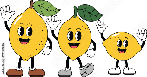 Three cartoon lemons with faces and arms waving hello
