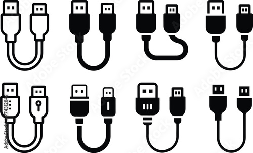Collection of USB Cable Icons with Various Connector Types