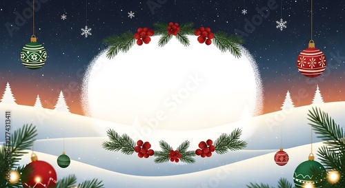Festive Christmas Snowy Scene with Ornaments Berries and Evergreen Branches Holiday Background