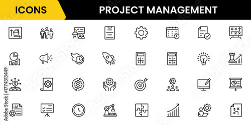 Project management icons for web and mobile apps. Business, organisation management, planning, project, startup, marketing, teamwork. Vector illustration