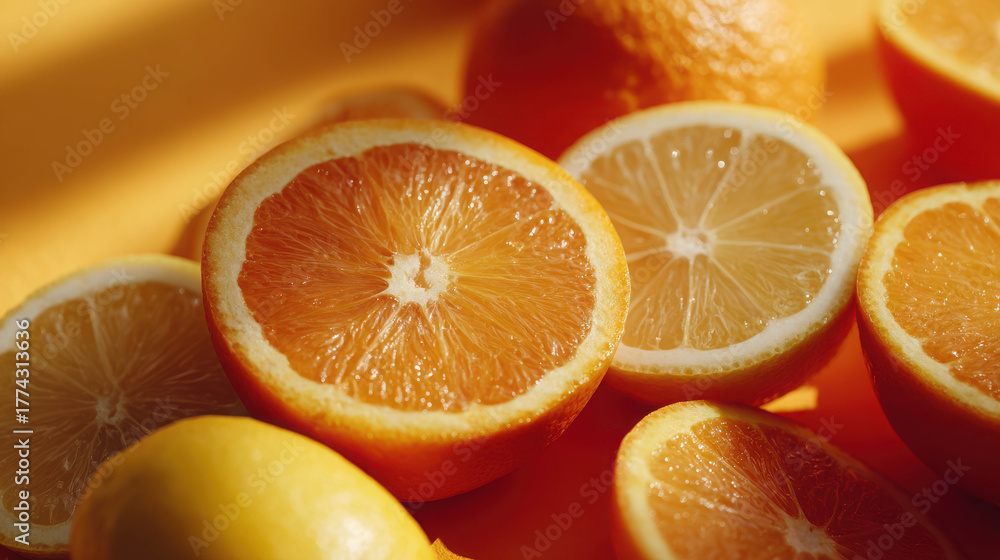 Fototapeta premium Macro Shot of Freshly Sliced Oranges and Lemons on a Bright Yellow Background for Seasonal Food Themes