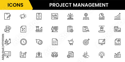 Project management icons for web and mobile apps. Business, organisation management, planning, project, startup, marketing, teamwork. Vector illustration