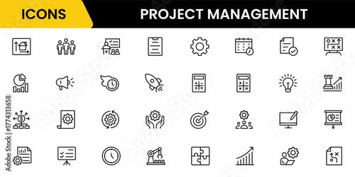 Project management icons for web and mobile apps. Business, organisation management, planning, project, startup, marketing, teamwork. Vector illustration