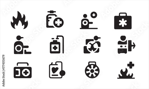 Set of medical and healthcare icons including first aid, fire, blood bag, and medical equipment
