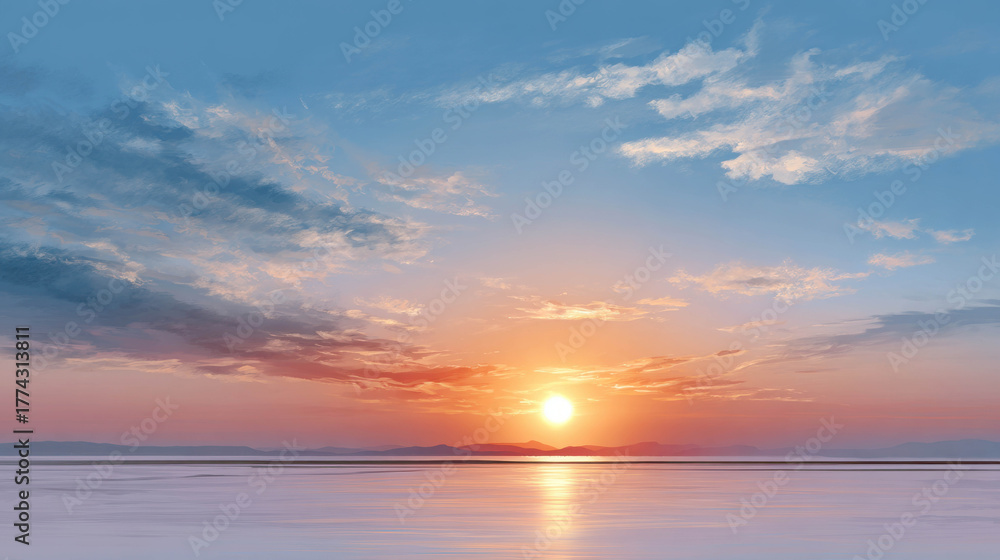 Obraz premium Gentle Horizon View with Soft Light and Cloud Forms Arcing Across the Sky at Sunset Over Calm Waters