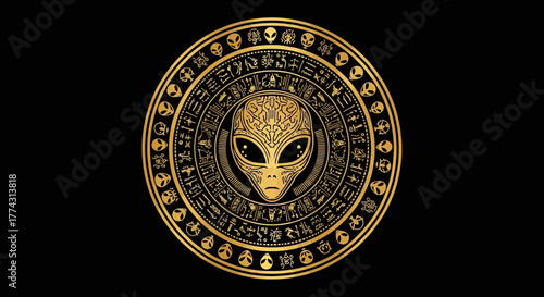 Alien Head Symbol with Ancient Glyphs and Symbols.