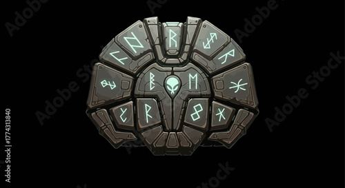 Ancient Runic Shield with Glowing Skull Symbol.