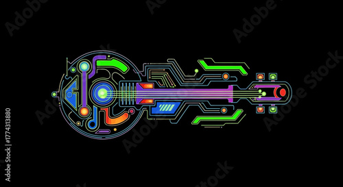 Futuristic Electric Guitar Design with Neon Circuitry on Black Background.