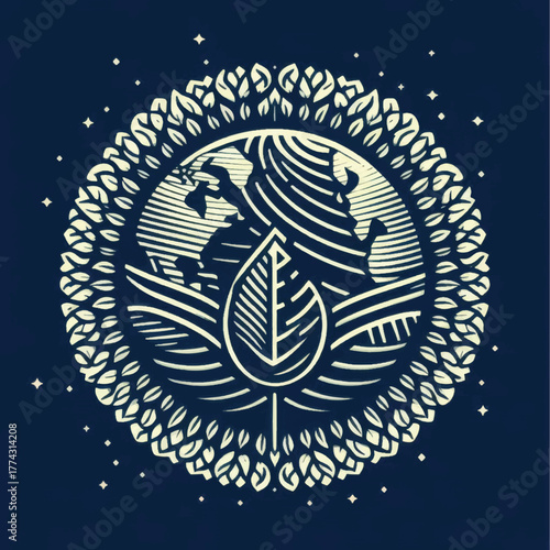 Earth with Leaf and Floral Wreath Symbol of Ecology and Sustainability.