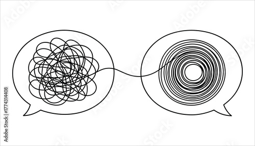 Two speech bubbles one with tangled lines the other with concentric circles connected by a line communication
