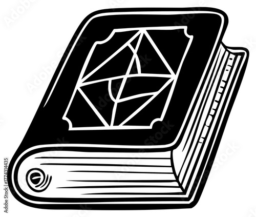 Magical spellbook with arcane geometric symbol black and white vector icon