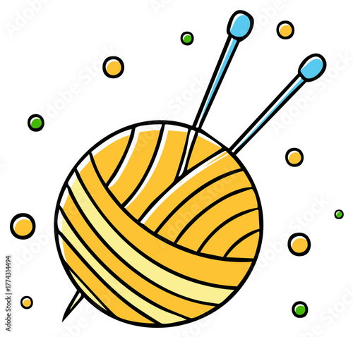 Colorful cartoon illustration of a ball of yarn with knitting needles for a handmade hobby