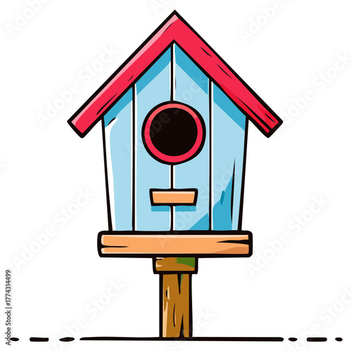 Illustration of Blue Birdhouse with Red Roof on a Wooden Post for Backyard Birds