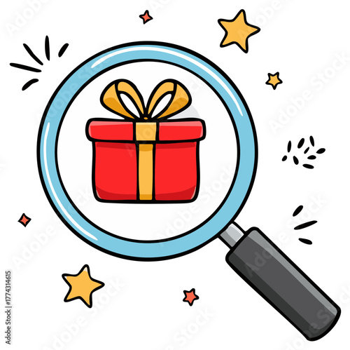 Magnifying Glass Focuses on Red Gift Box with Yellow Ribbon Amidst Stars