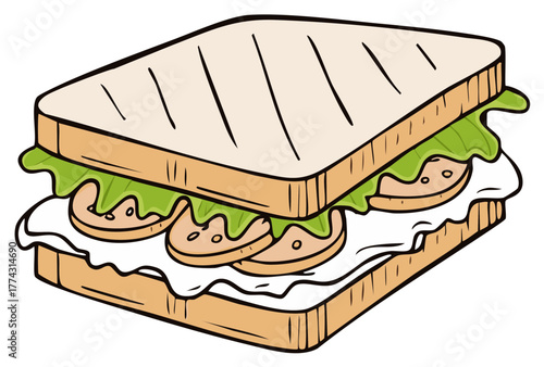 Classic toasted sandwich with meat and lettuce cartoon illustration. Hand drawn food for lunch or snack menu.