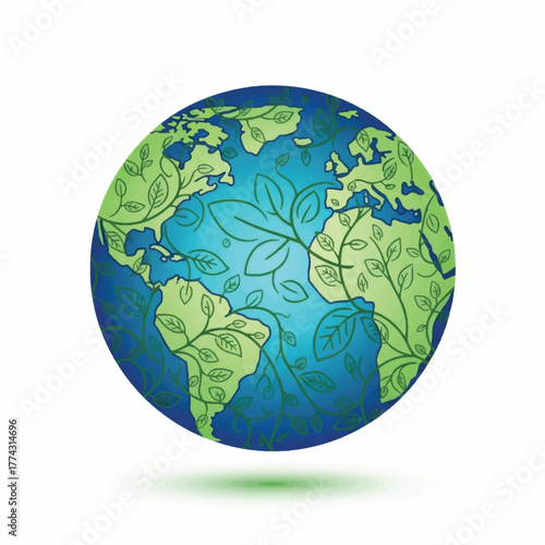 Green Planet Earth with continents made of leaves.