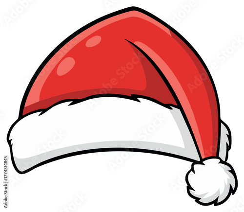 Festive Christmas Santa Claus Hat Cartoon Illustration with White Fur and Pom Pom Decoration