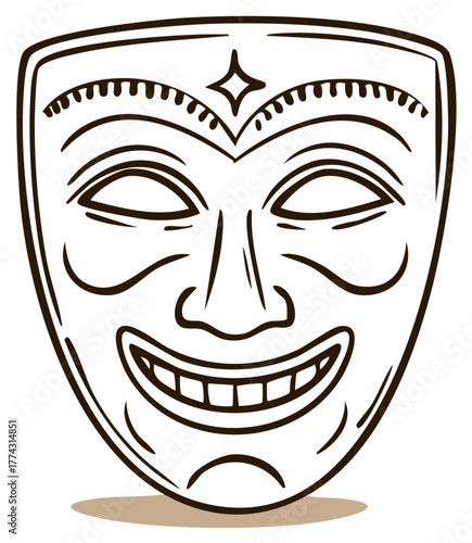 Smiling Mask Illustration with Star Simple Happy Face Artwork Line Art Drawing