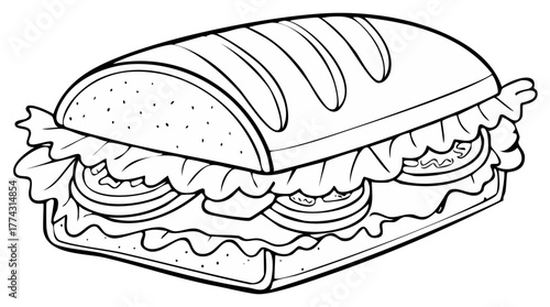 Hand drawn outline illustration of a hearty sub sandwich filled with fresh vegetables perfect for a tasty lunch