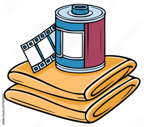 Cartoon illustration of a vintage analog film roll on a stack of folded towels