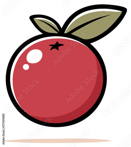 Stylized Red Cranberry Cartoon Fruit with Leaves Graphic