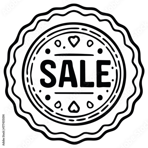 Black and white badge with the word SALE in the center, and decorations