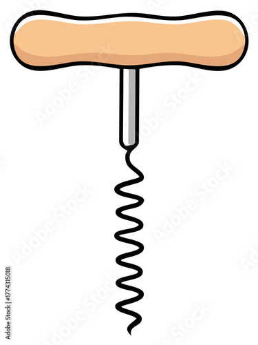 Cartoon corkscrew illustration with wooden handle and spiral worm on white.